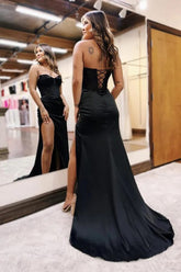 Satin Mermaid Sweetheart Split Long Prom Dresses With Beading